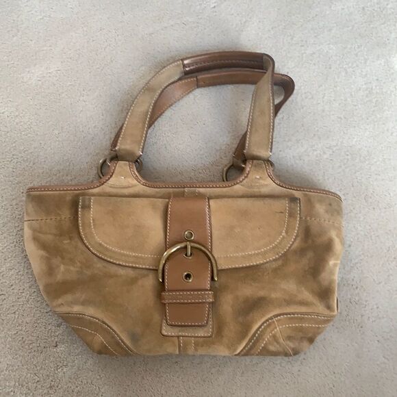 Beige suede saddle bag with gold hardware